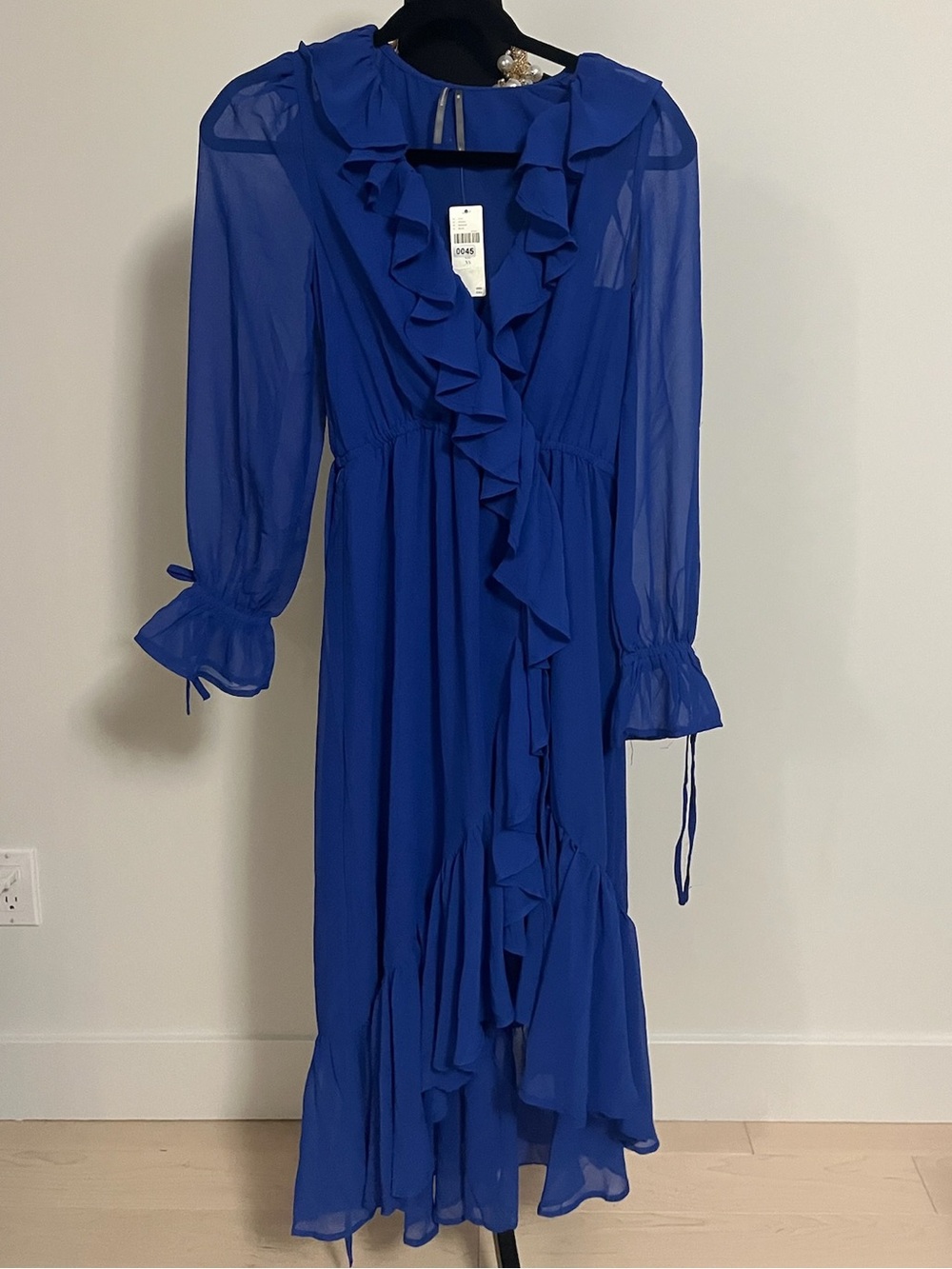 Anthropologie Royal Blue Cascading Ruffle Sheer-Sleeve Mini Dress — NWT